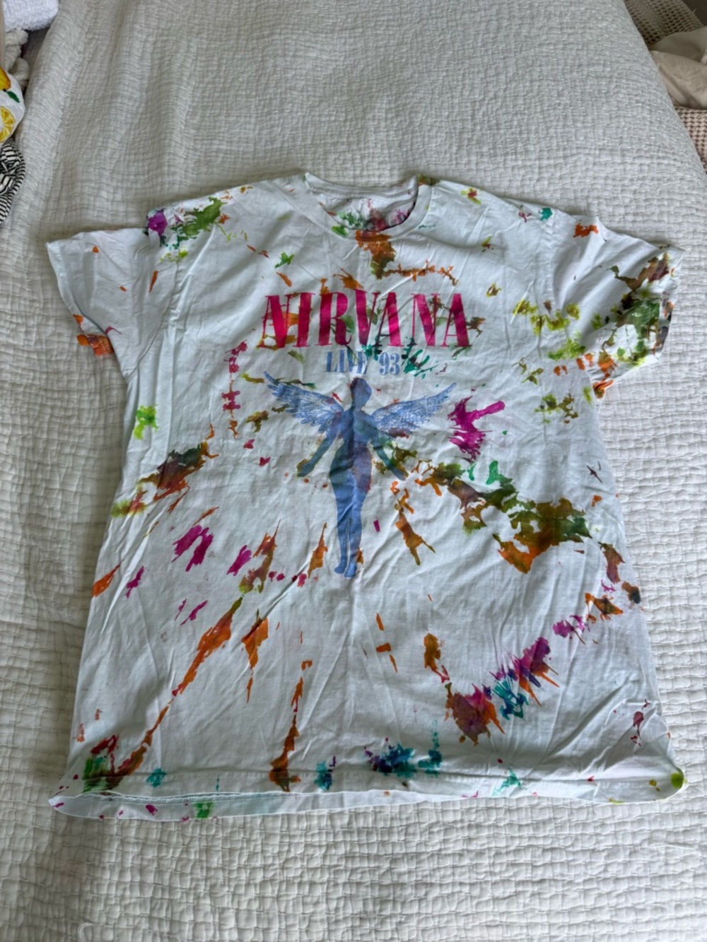 NIRVANA White Tee with Pink, Blue, Green & Orange Splatter